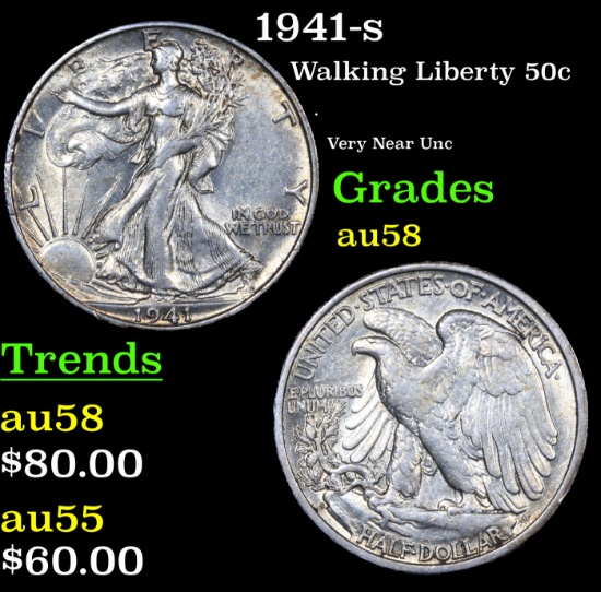1941-s Walking Liberty Half Dollar 50c Grades Choice AU/BU Slider
