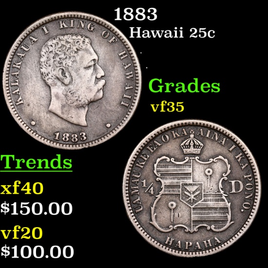 1883 Hawaii Quarter 25c Grades vf++