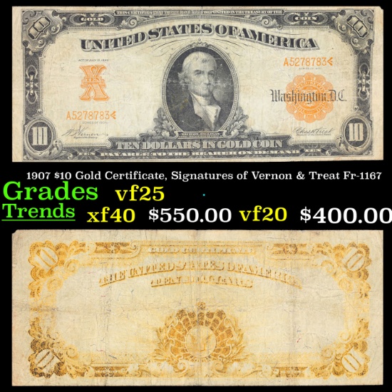 1907 $10 Gold Certificate, Signatures of Vernon & Treat Fr-1167 Grades vf+