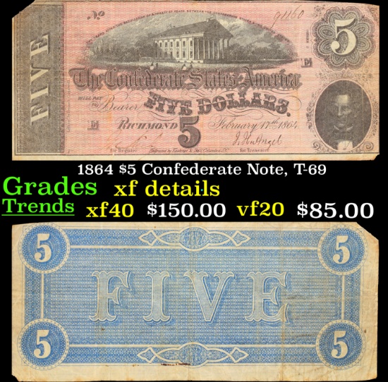 1864 $5 Confederate Note, T-69 Grades xf details