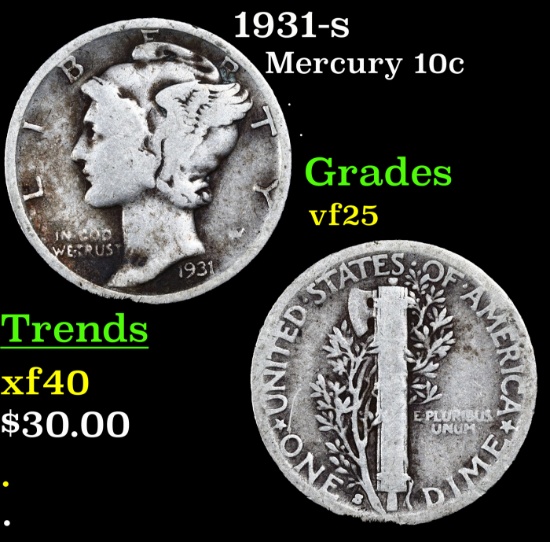 1931-s Mercury Dime 10c Grades vf+