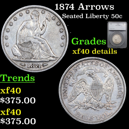 1874 Arrows Seated Half Dollar 50c Graded xf40 details By SEGS