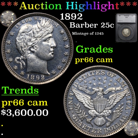 Proof ***Auction Highlight*** 1892 Barber Quarter 25c Graded pr66 cam By SEGS (fc)