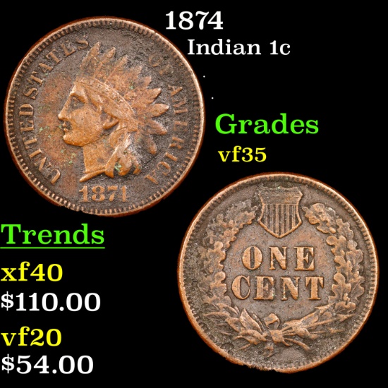 1874 Indian Cent 1c Grades vf++