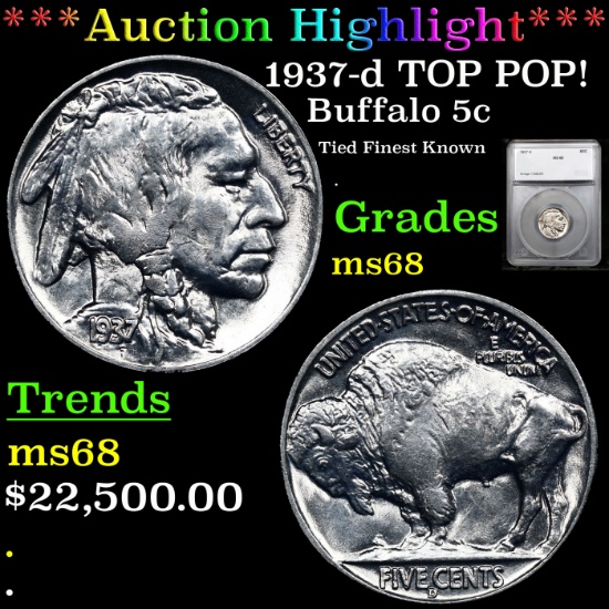 ***Auction Highlight*** 1937-d Buffalo Nickel TOP POP! 5c Graded ms68 By SEGS (fc)