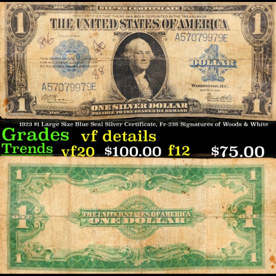 1923 $1 Large Size Blue Seal Silver Certificate, Fr-238 Signatures of Woods & White Grades vf detail