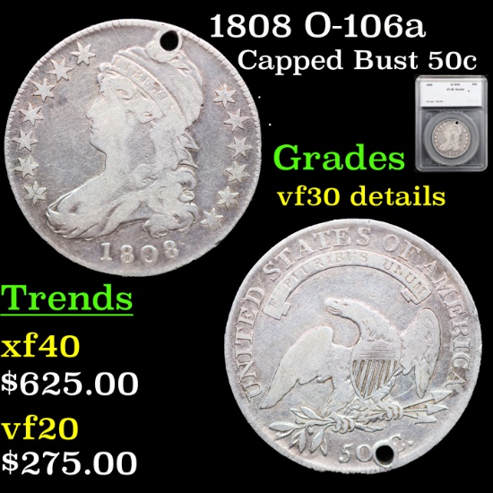 1808 Capped Bust Half Dollar O-106a 50c Graded vf30 details By SEGS