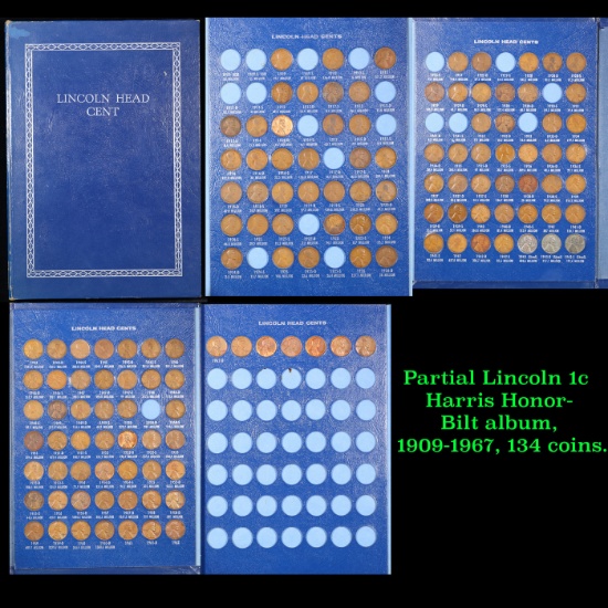 Partial Lincoln 1c Harris Honor-Bilt album, 1909-1967, 134 coins.
