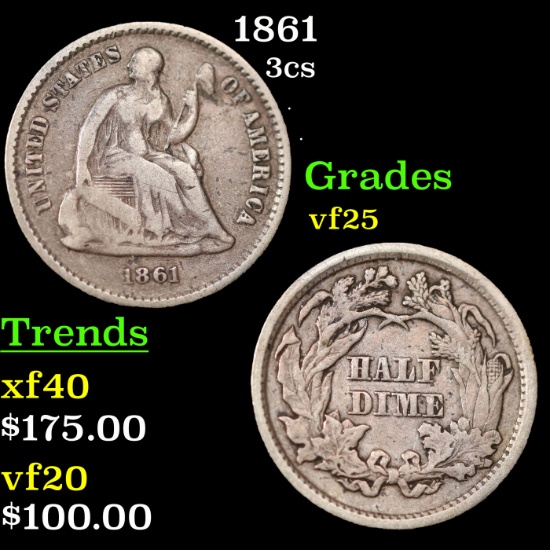 1861 Three Cent Silver 3cs Grades vf+