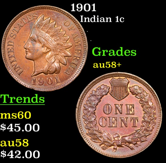 1901 Indian Cent 1c Grades Choice AU/BU Slider+