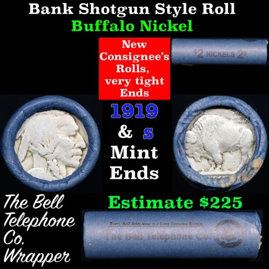 Buffalo Nickel Shotgun Roll in Old Bank Style 'Bell Telephone'  Wrapper 1919 & S Mint Ends