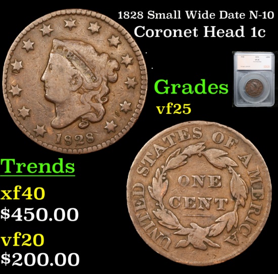 1828 Small Wide Date Coronet Head Large Cent N-10 1c Graded vf25 By SEGS
