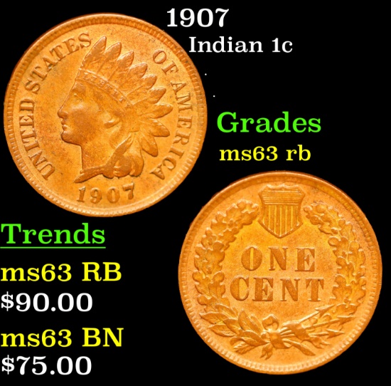 1907 Indian Cent 1c Grades Select Unc RB