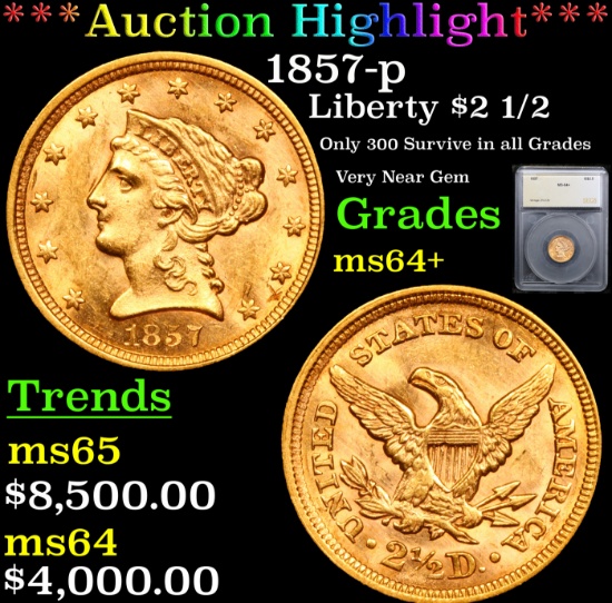 ***Auction Highlight*** 1857-p Gold Liberty Quarter Eagle $2 1/2 Graded ms64+ By SEGS (fc)