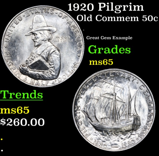 1920 Pilgrim Old Commem Half Dollar 50c Grades GEM Unc