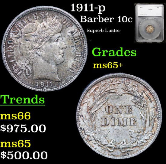 1911-p Barber Dime 10c Graded ms65+ By SEGS