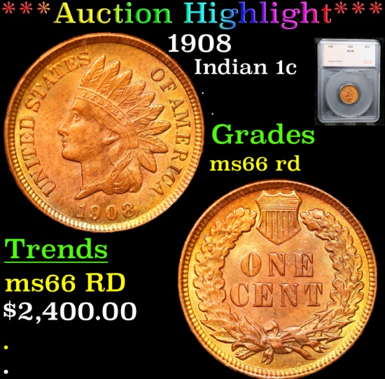 ***Auction Highlight*** 1908 Indian Cent 1c Graded ms66 rd By SEGS (fc)