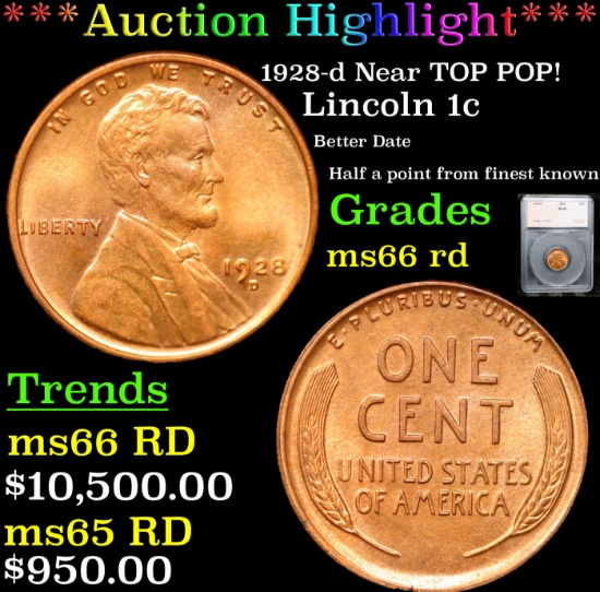 ***Auction Highlight*** 1928-d Lincoln Cent Near TOP POP! 1c Graded ms66 rd By SEGS (fc)