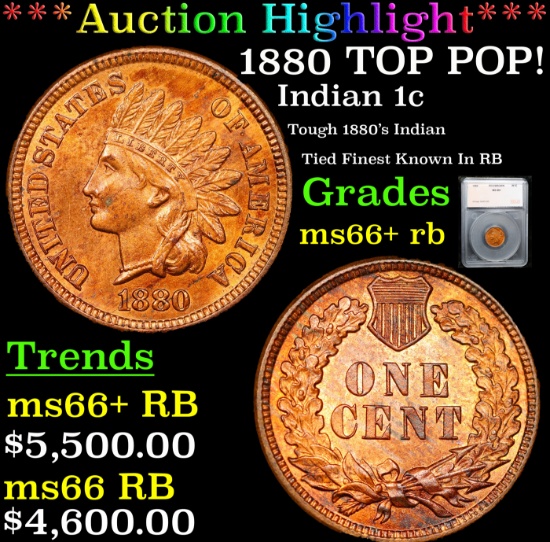 ***Auction Highlight*** 1880 Indian Cent TOP POP! 1c Graded ms66+ rb By SEGS (fc)