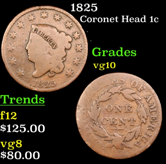 1825 Coronet Head Large Cent 1c Grades vg+
