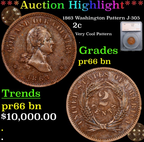 Proof ***Auction Highlight*** 1863 Washington Pattern Two Cent Piece J-305 2c Graded pr66 bn By SEGS