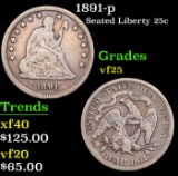 1891-p Seated Liberty Quarter 25c Grades vf+