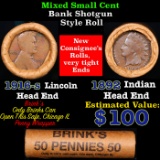 Mixed small cents 1c orig shotgun roll, 1916-s Wheat Cent, 1892 Indian Cent other end, brinks Wrappe