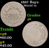 1867 Rays Shield Nickel 5c Grades g+