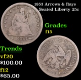 1853 Arrows & Rays Seated Liberty Quarter 25c Grades f+
