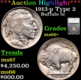 ***Auction Highlight*** 1913-p TY 2  Buffalo Nickel 5c Graded ms66+ By SEGS (fc)