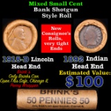 Mixed small cents 1c orig shotgun roll, 1918-d Wheat Cent, 1892 Indian Cent other end, brinks Wrappe