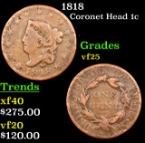 1818 Coronet Head Large Cent 1c Grades vf+