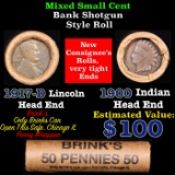 Mixed small cents 1c orig shotgun roll, 1917-d Wheat Cent, 1900 Indian Cent other end, brinks Wrappe