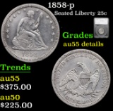 1858-p Seated Liberty Quarter 25c Graded au55 details By SEGS