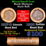 Mixed small cents 1c orig shotgun roll, 1917-d Wheat Cent, 1900 Indian Cent other end, brinks Wrappe