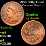 1839 Silly Head Coronet Head Large Cent 1c Grades vg details