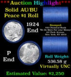 ***Auction Highlight*** AU/BU Slider Chemical Bank Shotgun Peace $1 Roll 1924 & P Ends Virtually UNC