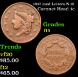 1837 med Letters Coronet Head Large Cent N-15 1c Grades f+