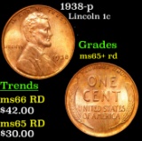 1938-p Lincoln Cent 1c Grades Gem+ Unc RD