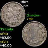 1867 Three Cent Copper Nickel 3cn Grades vf++
