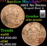 ***Auction Highlight*** 1802 No Stems Draped Bust Large Cent 1c Graded xf45 details By SEGS (fc)