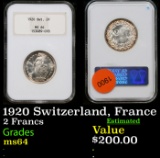 NGC 1920 Switzerland, France 2 Francs Graded ms64 By NGC