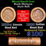 Mixed small cents 1c orig shotgun roll, 1918-s Wheat Cent, 1900 Indian Cent other end, brinks Wrappe