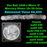 Full Roll of 1945-s Micro S, Mercury 10c, 50 Coins total.