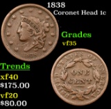 1838 Coronet Head Large Cent 1c Grades vf++