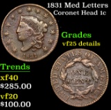 1831 Med Letters Coronet Head Large Cent 1c Grades VF Details