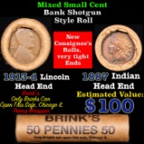 Mixed small cents 1c orig shotgun roll, 1913-d Wheat Cent, 1887 Indian Cent other end, brinks Wrappe