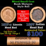 Mixed small cents 1c orig shotgun roll, 1917-s Wheat Cent, 1897 Indian Cent other end, brinks Wrappe