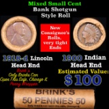 Mixed small cents 1c orig shotgun roll, 1918-d Wheat Cent, 1900 Indian Cent other end, brinks Wrappe