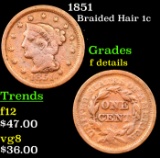 1851 Braided Hair Large Cent 1c Grades f details